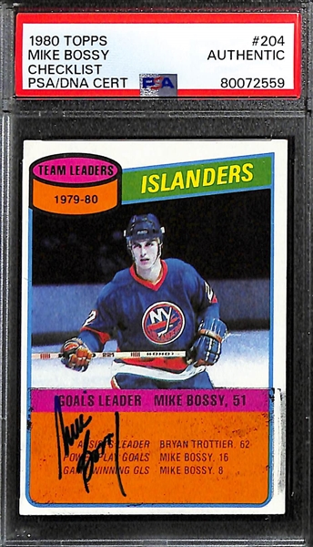 Lot of (3) PSA/DNA Authentic New York Islanders Autograph Cards - 1980-81 Topps Mike Bossy Checklist, 1982-83 O-Pee-Chee Dennis Potvin, 1980-81 Topps Mike Bossy
